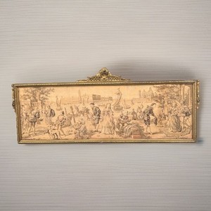 Royal Courtyard Scene Large Antique Framed Wall Tapestry Stitched VNTG 5FT long