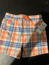 The Children's Place Boys Plaid Swim Shorts Drawstring Pockets Orange Blue 24M