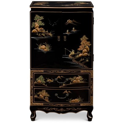 US SELLER - Hand-Painted Black Lacquer Chinese Jewelry Armoire with Scenic Motif