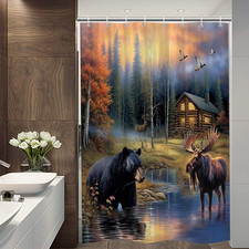 Rustic Bear Camper RV Shower Curtain for Travel Trailer Bathroom, Country Moose