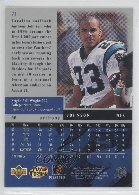 1998 Upper Deck Black Diamond Quadruple Diamond /50 Anthony Johnson #72 - Image 2 of 2