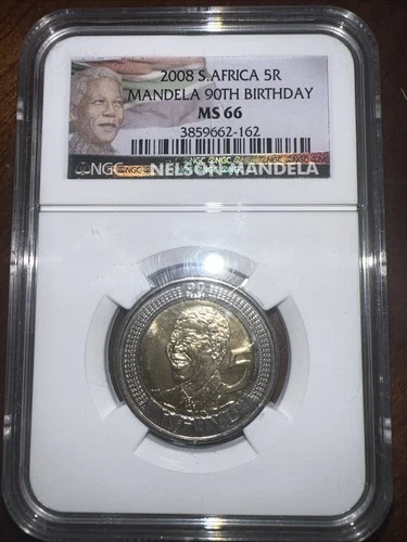 2008 NGC MS66 South Africa 5 Rand Nelson Mandela 90th Birthday