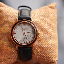 Holzkern Damen Uhr Analog Leder dunkelbraun, Zifferblatt weiß marmor, Gold
