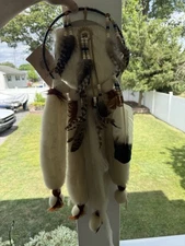 Vtg Native American Indian Dream Catcher Mandala Wool Fur Leather Beads Large