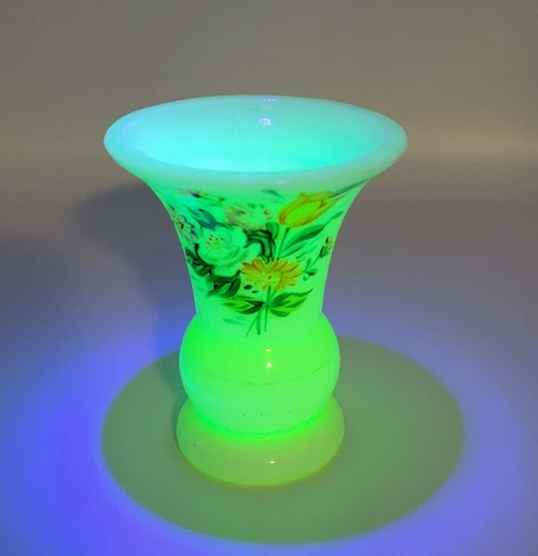 Vintage Czechoslovakia Uranium Milk Glass Mini Vase Painted Florals Glows