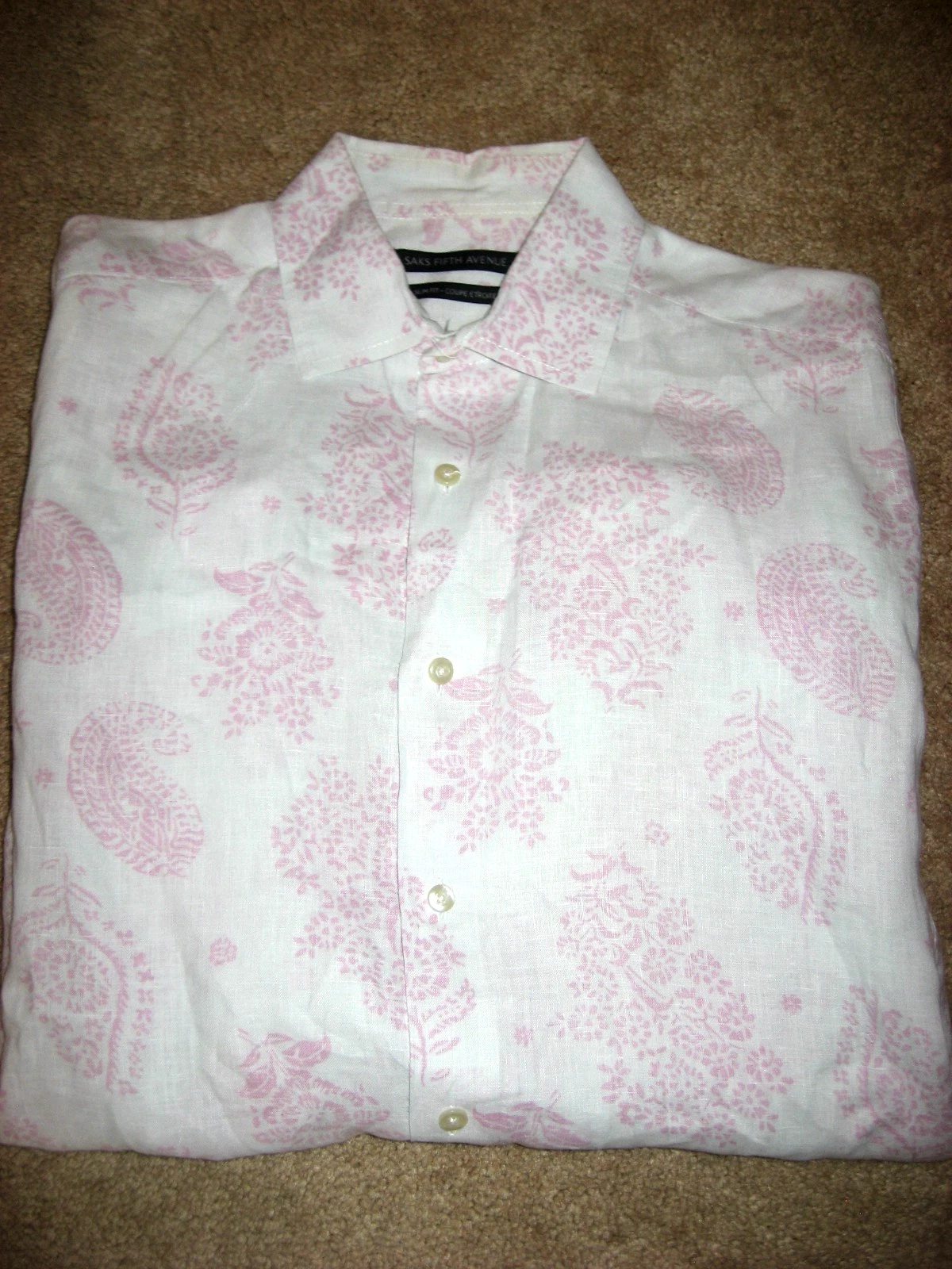 Mens White wPink Flowers SAKS FIFTH AVENUE Slim Fit Linen Lg Sleeve Shirt Medium