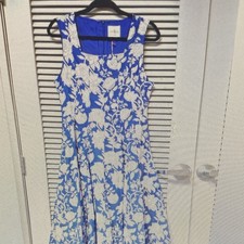 Umgee Blue White Floral Sleeveless A-Line Knee Length Square Neck Zip Dress