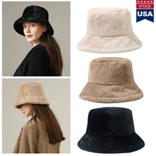 Winter Bucket Hat Fluffy Faux Fur Fisherman Cap for Women Solid Color Style USA