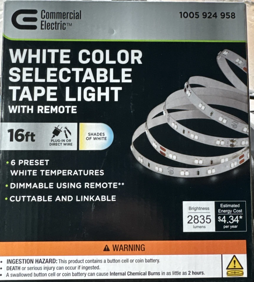 Commercial Electric #C421510 16ft LED White Color Changing Tape Light w/Remote