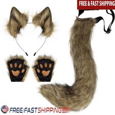 Faux Fur Animal Costume Set Adjustable Tail Headband Gloves Halloween Parties US
