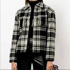 Polo Ralph Lauren Plaid Wool-Blend Fringe Jacket Black/Cream, Size XL