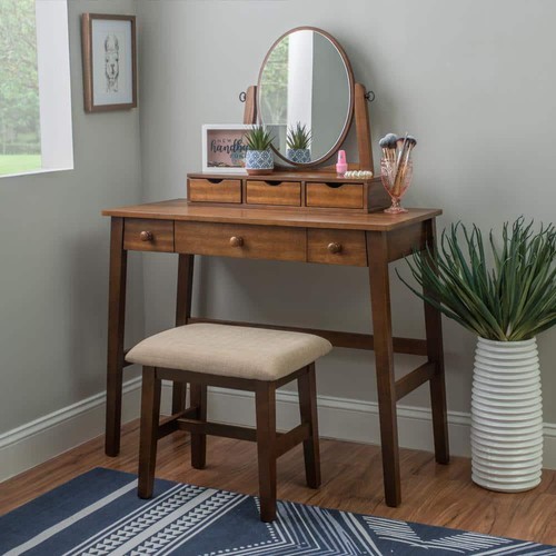 Linon Home Decor Vanity Set 18" Walnut w/Beige Upholstered Bench Heavy Duty - 第 5/5 張圖片