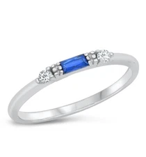 925 Sterling Silver Blue Sapphire & Clear CZ Square Simulated Band 2mm Size 5-10