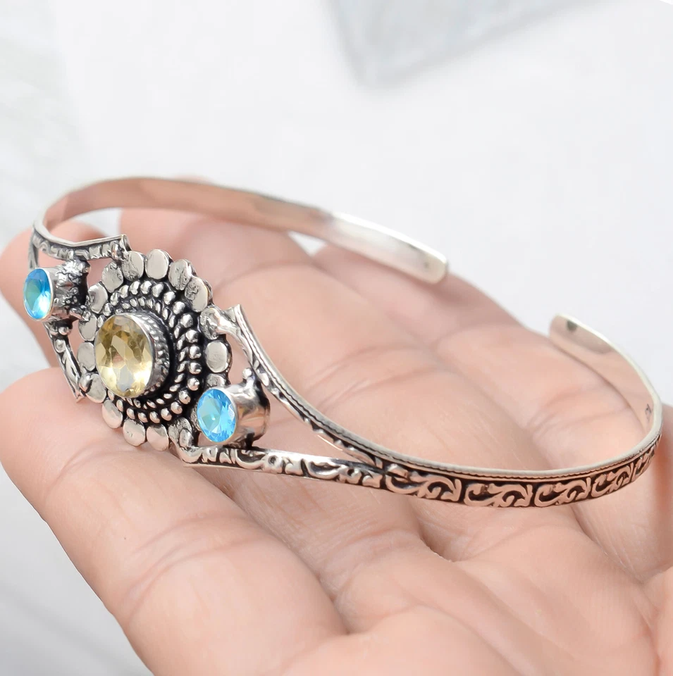 Facettierter Citrin, Blautopas Edelstein Armband 925 Sterling Silber Armreif - Bild 2 von 4