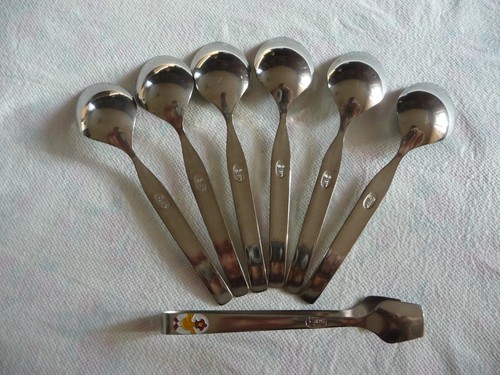 Set of 6 USSR Russia Soviet teaspoons sugar tweezers (children's style) in box - Picture 5 of 6