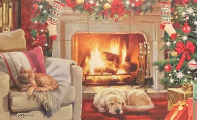 Charity Weihnachtskarte ~ Weihnachten am Feuer ~ Hund & Katze ~ Einzelkarte #DG