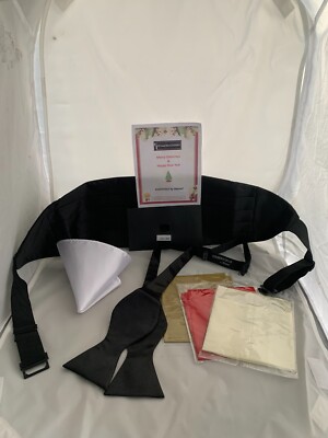 Men's 100% Silk Bow Tie & Cummerbund Set - Shiny Black, Self-Tie, With Free Hanky