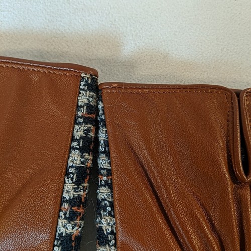 Kenneth Cole Leather Wool Gloves Brown Plaid Tweed Black Women's M Medium Lined - Picture 5 of 10