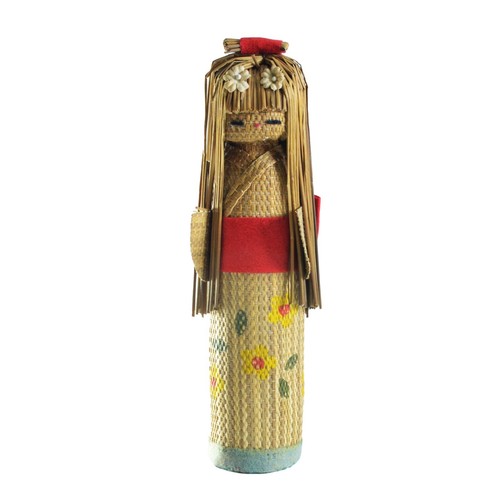 Kokeshi Doll Japanese Girl Kimono Rice Straw Wicker Folk Handmade Craft Vtg