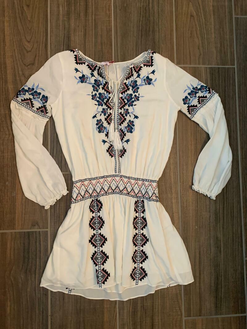 maeve long-sleeve embroidered boho mini dress Women's Bohemian Mauve Pink Dot Print Mini Dress