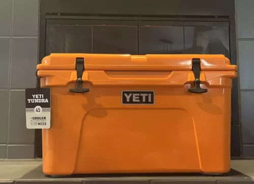 Yeti Tundra 45 Hard Cooler in King Crab Orange KCO with Dry Goods Basket Retired