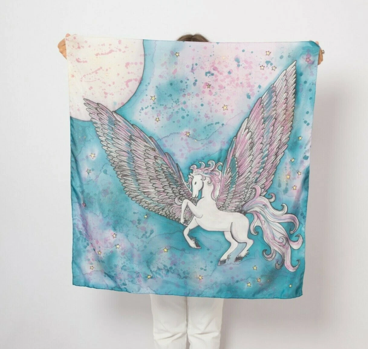 Pegasus Print Hand Painted Pure Silk Scarf Square Scarf Galaxy Scarf