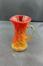 Vintage MCM Rainbow Glass Tangerine Amberina Crackle Angled Minature Pitcher 4”