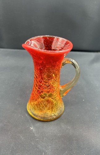 Vintage MCM Rainbow Glass Tangerine Amberina Crackle Angled Minature Pitcher 4"