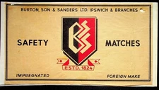 Burton Son & Sanders Safety Match Crate Label Large Size 1950s Foreign 11x6