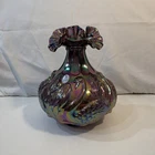 Fenton Carnival Glass Purple Iridescent Swan Vase Ruffled Signed Frank M. Fenton