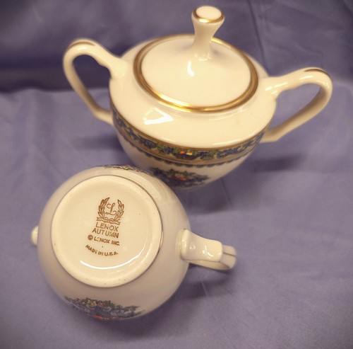 Lenox AUTUMN China Creamer & Sugar Bowl w/Lid Hand-Painted w/24k Gold Trim - Picture 3 of 3
