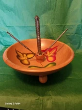 Vtg Wood 3 Footed Nut Bowl Painted Leaves Nut Cracker 60s-70s andPicks