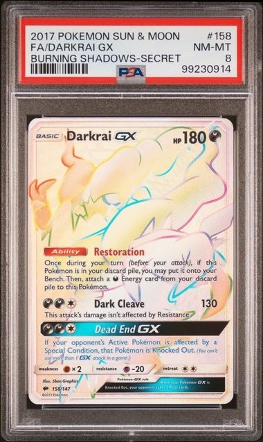 2017 POKEMON SUN & MOON BURNING SHADOWS #158 FA/DARKRAI GX PSA 8