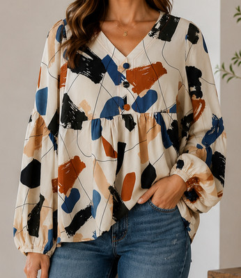 Hailey & Co Women's Abstract Print Peplum Blouse Long Balloon Sleeve Size S