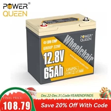 Power Queen 12V 65Ah Group 22NF LiFePO4 Lithium Battery For Wheelchair RV Boat