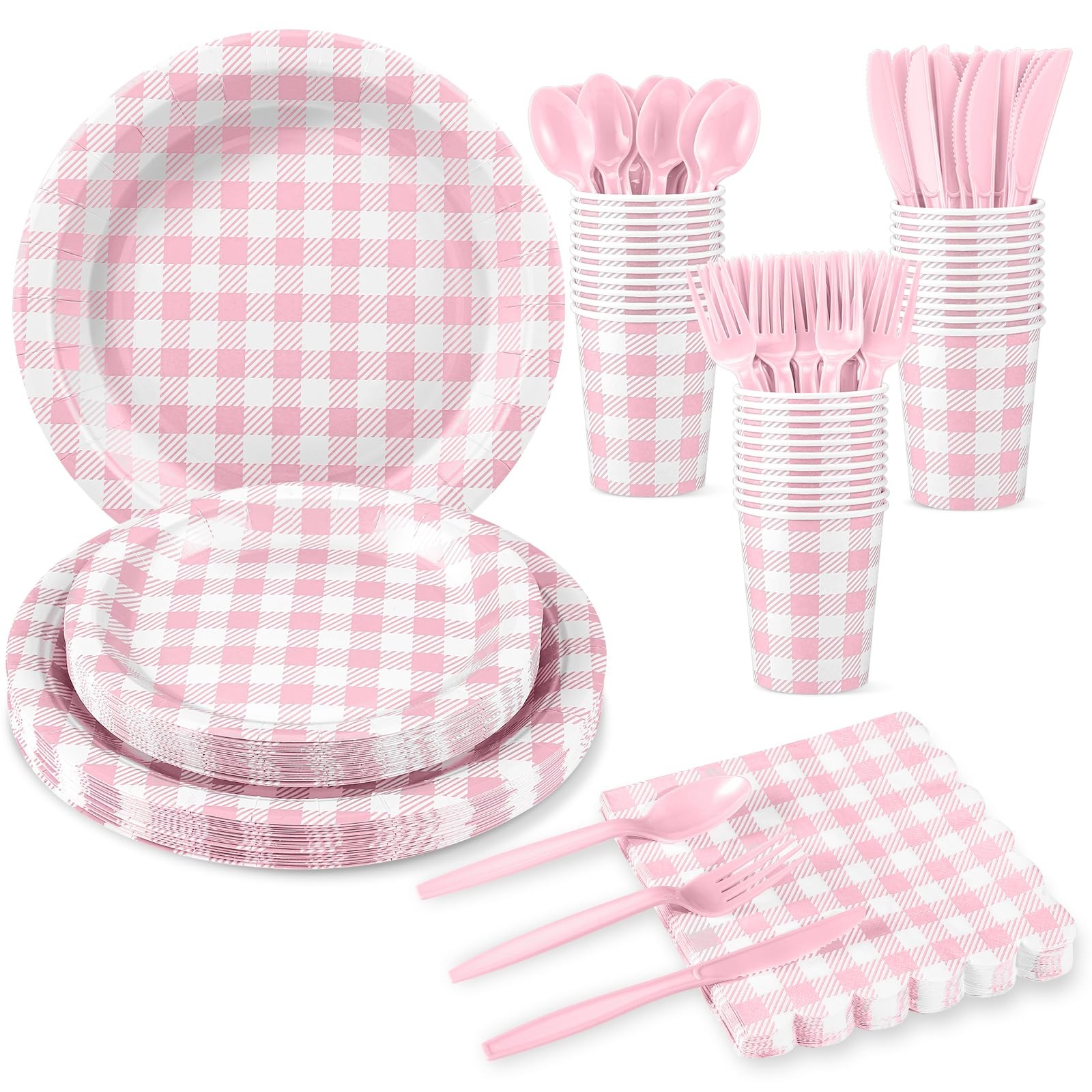 175 Pcs Pink Gingham Party Supplies Include Pink Gingham Plates and Napkins C...