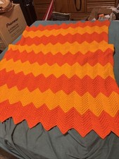 Vintage Afghan Orange Yellow Crocheted Zig Zag Throw Blanket 80 x 40