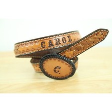Vintage Hand Tooled Leather Western Belt Carol Name Cowgirl Brown 70s Hippy