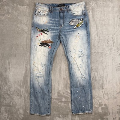 AKOO Mens Distressed Patchwork Jeans Light Wash Paint Splatter Denim Size 38