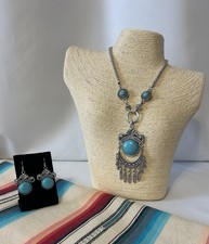 Jewelry Set Necklace Earrings Silver Tone Turquoise Round Stones Bohemian