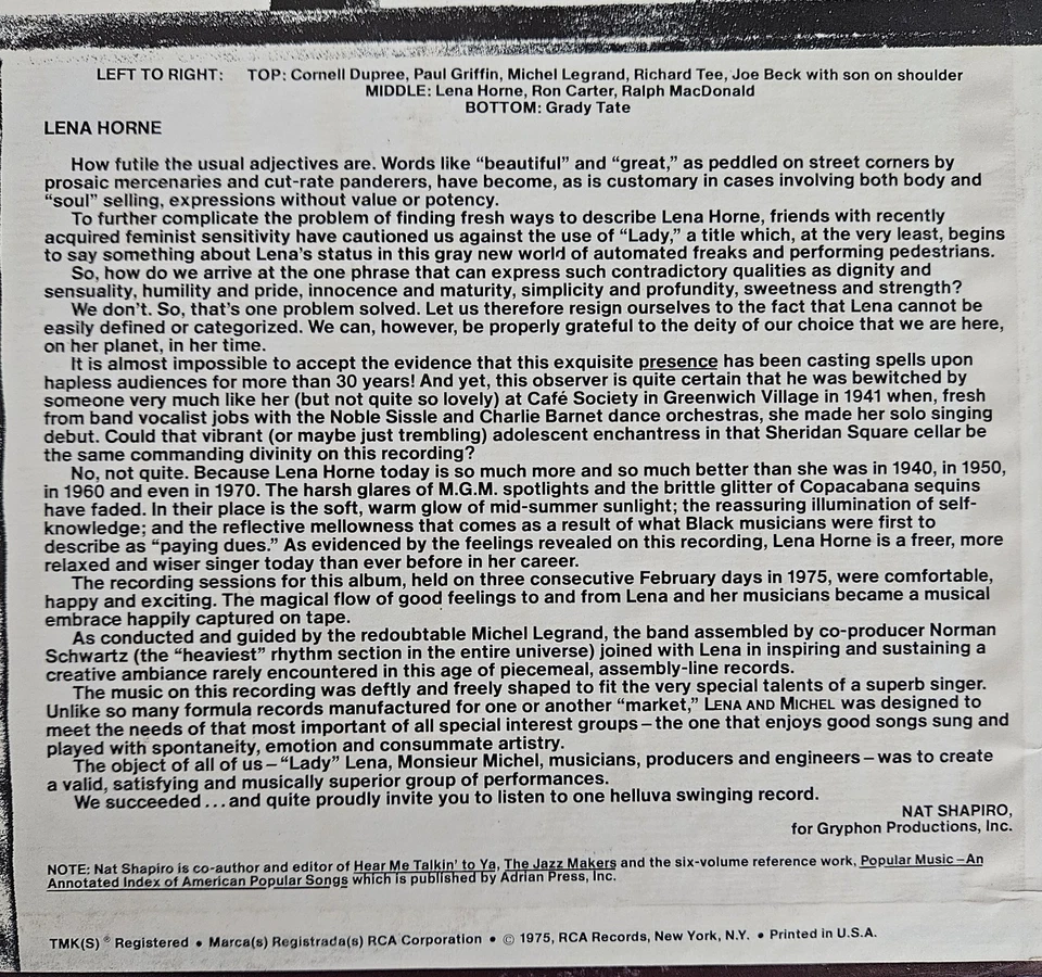 Lena Horne & Michel Legrand Lena & Michel 1975 RCA Victor BGL1-1026 Vinyl LP NM - Image 3 of 4