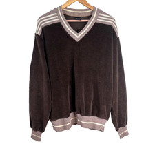 VTG 70s Campus Velour Sweater XL USA Made Chocolate Brown Stripe Retro Grandpa