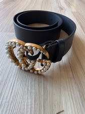 Authentic Womens GUCCI Black Leather GG Pearl Belt Size 80cm