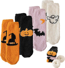Halloween Fluffy Socks, 4 Pair Ghost Cartoon Socks for Women, Cozy Winter