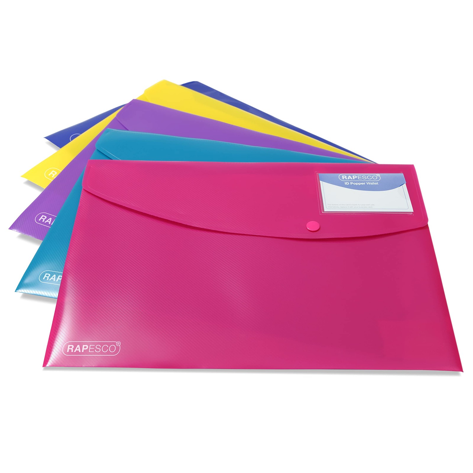 Rapesco 0701 ID Popper Wallet, A4+, Bright Solid Colours, Pack of 5 A4 Solid Ass