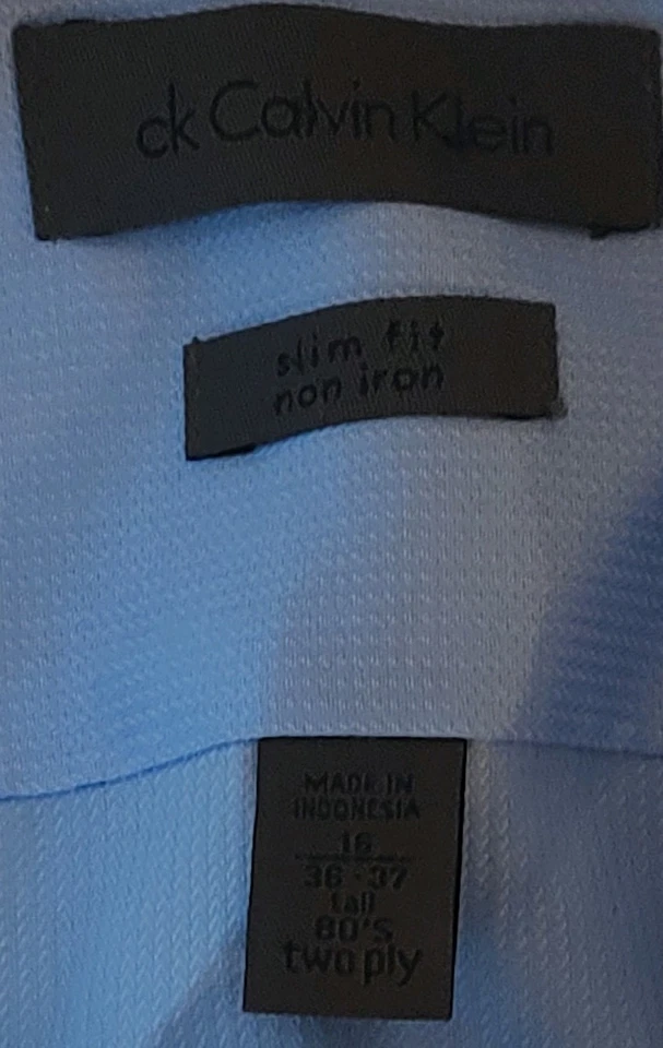 Calvin Klein button up Mens 16 (36-37 tall) lite Blue Slim Fit Non-Iron cotton  - Image 4 of 4