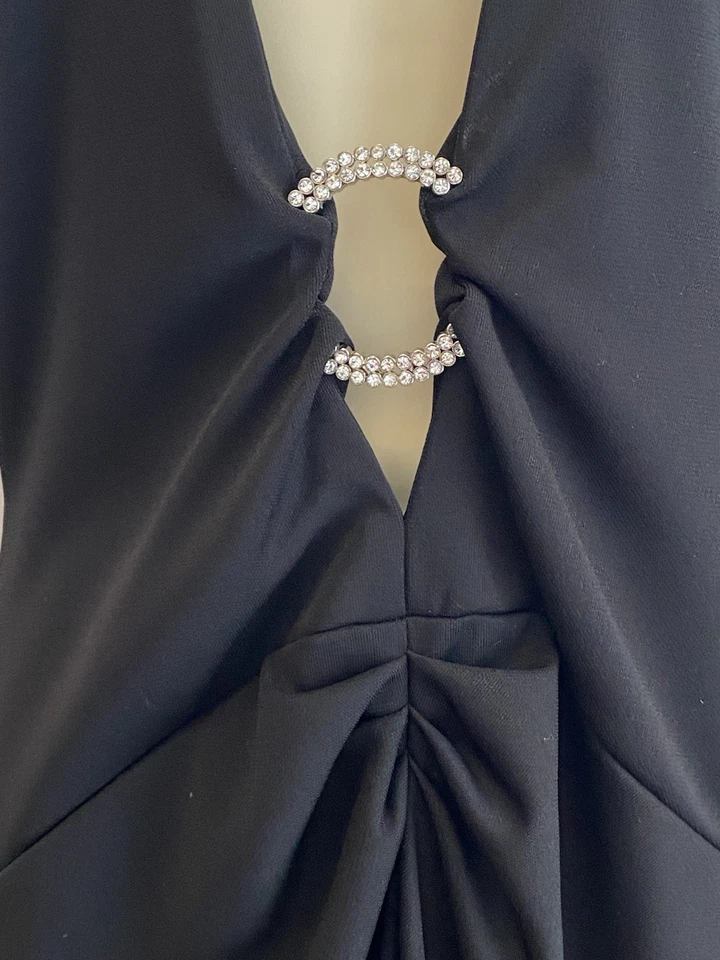 Vintage 90s Cache Maxi Dress Gown Black Low Plunge Neckline Rhinestone Sexy Sz 8 - Image 3 of 4