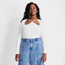 Future Collective Target White Long Sleeve Bodysuit Criss Cross Cutout Top 3X