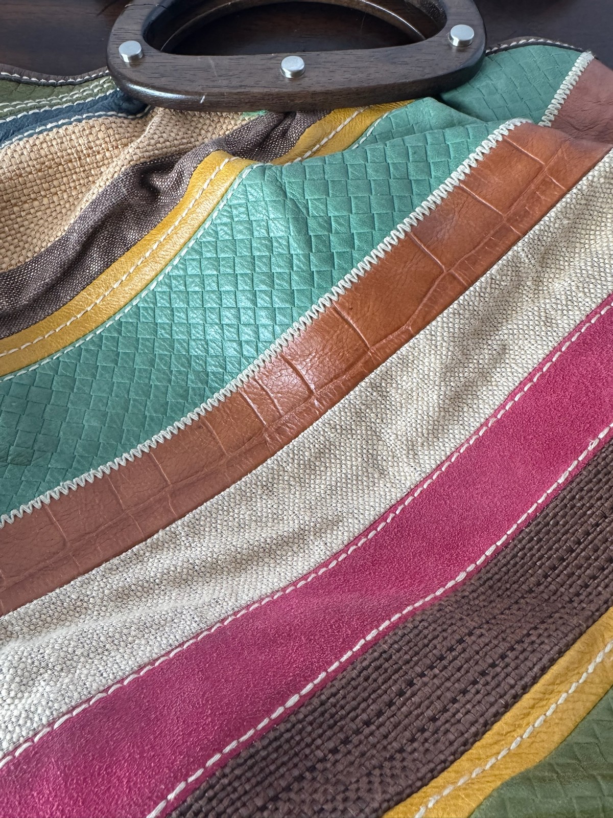 Fossil Patchwork Canvas Leather Handbag Boho Wood… - image 5