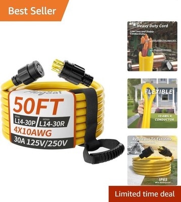 50FT 30 Amp Generator Extension Cord, Heavy Duty 4 Prong NEMA L14-30 - Yellow